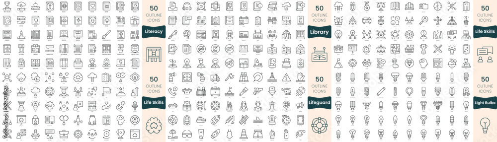 300 thin line icons bundle. In this set include library, life skills, lifeguard, light bulbs, literacy