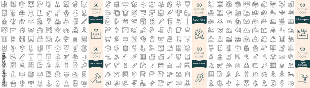300 thin line icons bundle. In this set include landscapes, laundry, law and justice, legal services 300 thin line icons bundle. In this set include landscapes, laundry, law and justice, legal services