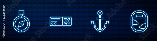 Set line Anchor, Compass, Airline ticket and Airplane window. Glowing neon icon on brick wall. Vector