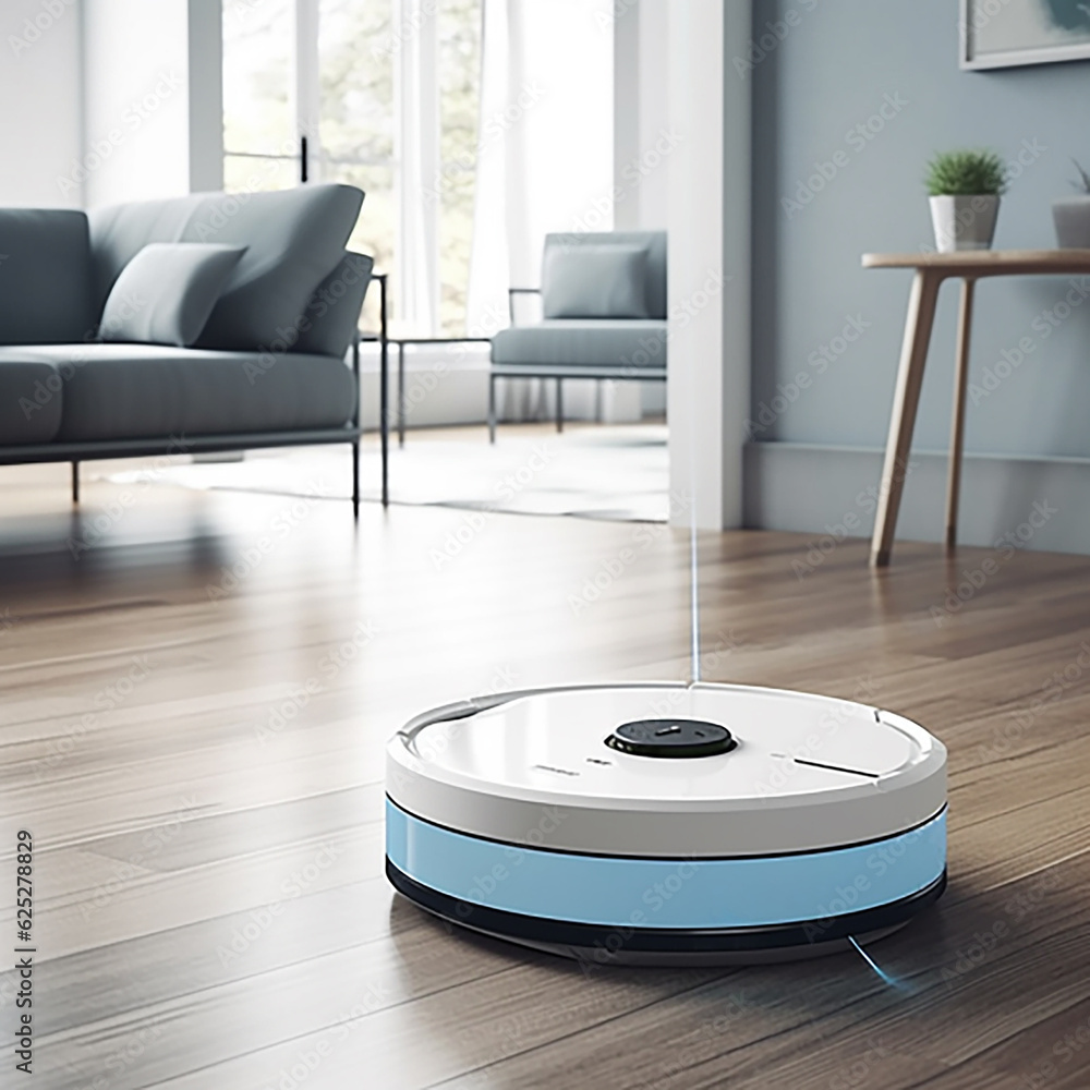 Modern robot vacuum cleaner on soft carpet in room Modern robot vacuum cleaner on soft carpet in room
