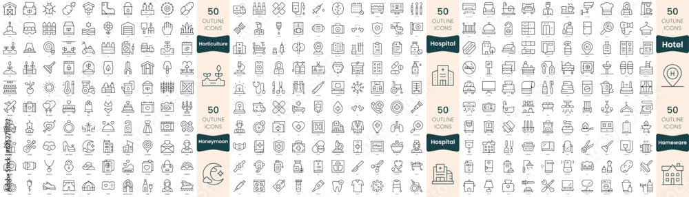 300 thin line icons bundle. In this set include homeware, honeymoon, horticulture, hospital, hotel 300 thin line icons bundle. In this set include homeware, honeymoon, horticulture, hospital, hotel