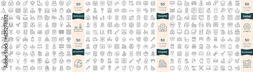 300 thin line icons bundle. In this set include homeware, honeymoon, horticulture, hospital, hotel