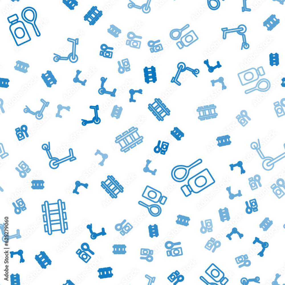 Fototapeta premium Set line Toy railway, Soap bubbles bottle and Roller scooter on seamless pattern. Vector