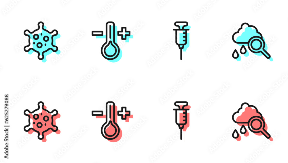 Set line Syringe, Virus, Thermometer and Cloud with rain icon. Vector Set line Syringe, Virus, Thermometer and Cloud with rain icon. Vector
