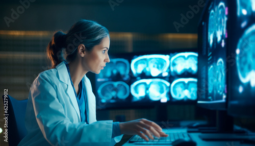 Female Neurosurgeon focused on analyzing brain diagnostic tests on a monitor in a hospital photo
