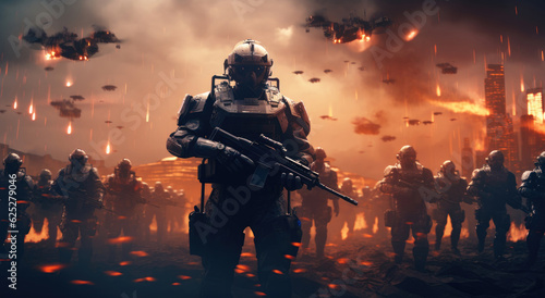 Soldier special forces in helmet with weapons in their hands on a futuristic fire background. Military concept of the future. Science fiction soldiers. Generative AI. High quality illustration.