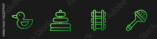 Set line Toy railway, Rubber duck, Pyramid toy and Rattle baby. Gradient color icons. Vector