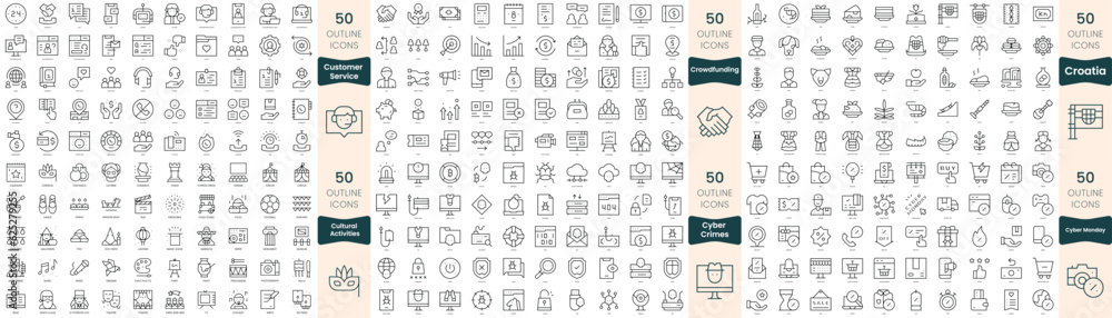 300 thin line icons bundle. In this set include croatia, crowdfunding, cultural activities, customer service, cyber crimes, cyber monday 300 thin line icons bundle. In this set include croatia, crowdfunding, cultural activities, customer service, cyber crimes, cyber monday