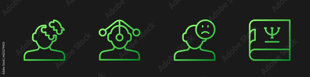 Set line Sad and depressed man, bad mood, Solution problem in psychology, Hypnosis and Psychology book. Gradient color icons. Vector Set line Sad and depressed man, bad mood, Solution problem in psychology, Hypnosis and Psychology book. Gradient color icons. Vector