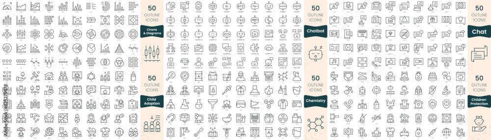 300 thin line icons bundle. In this set include charts and diagrams, chat, chatbot, chemistry, child adoption, children protection