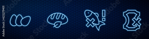 Set line No fish, Chicken egg, Vegan bread loaf and leather. Glowing neon icon on brick wall. Vector