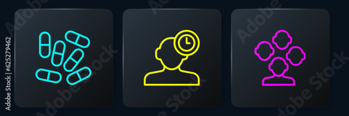 Set line Medicine pill or tablet, Schizophrenia and Insomnia. Black square button. Vector