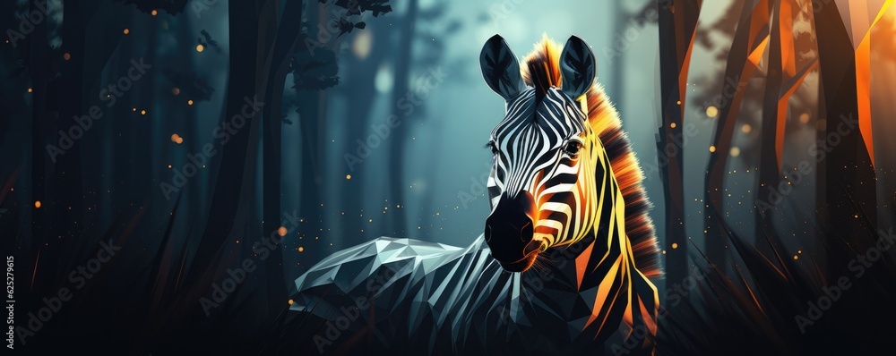 Zebra animal dark wallpaper with bokeh, lights and trees in nature. Generative Ai. - obrazy, fototapety, plakaty 