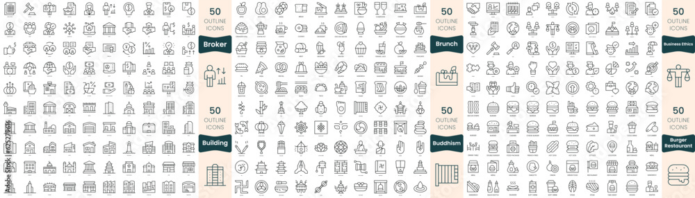 300 thin line icons bundle. In this set include broker, brunch, buddhism, building, burger restaurant, business ethics
