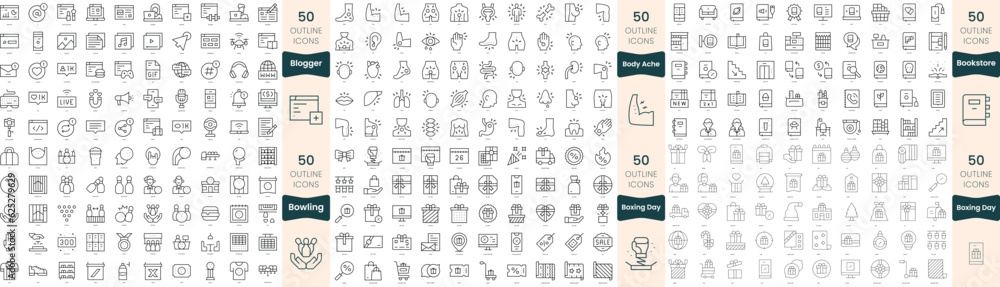 300 thin line icons bundle. In this set include blogger, body ache, bookstore, bowling, boxing day