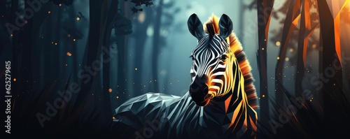 Zebra animal dark wallpaper with bokeh, lights and trees in nature. Generative Ai.