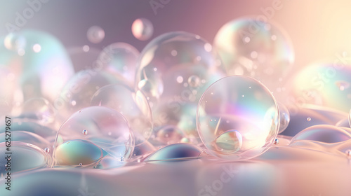 80s abstract liquid bubble shapes. Holographic floating liquid blobs, soap bubbles, metaballs. Trendy iridescent abstract neon bokeh webpunk or vaporwave aesthetic surreal pattern. Generative AI. High