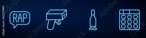 Set line Bullet, Rap music, Money gun and Drum machine. Glowing neon icon on brick wall. Vector