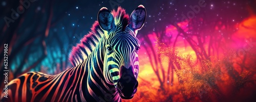 Zebra animal dark wallpaper with bokeh and lights, nature panorama. Generative Ai.