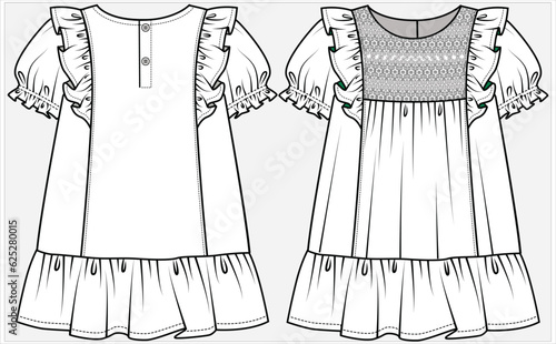 PUFF SLEEVES TIERED WOVEN DRESS WITH POLY BUTTON FASTENERS AND EMPIRE CUT SMOCKING DETAIL DESIGNED FOR KID GIRLS AND TODDLER GIRLS IN VECTOR ILLUSTRATION