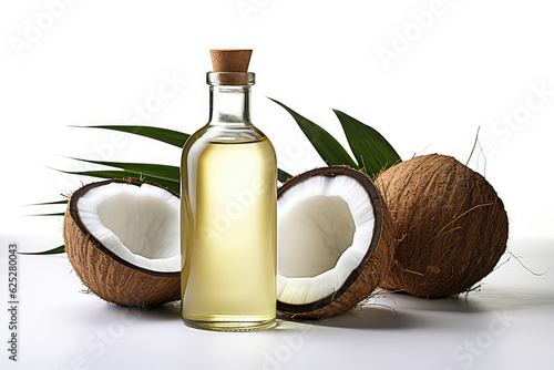 Coconut oil in a vintage glass bottle with cork lid and yummy split coconut halves with white flesh and green palm leaves on a white background with copy space. 