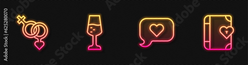 Set line Heart in speech bubble, Gender, Glass of champagne and Love diary. Glowing neon icon. Vector
