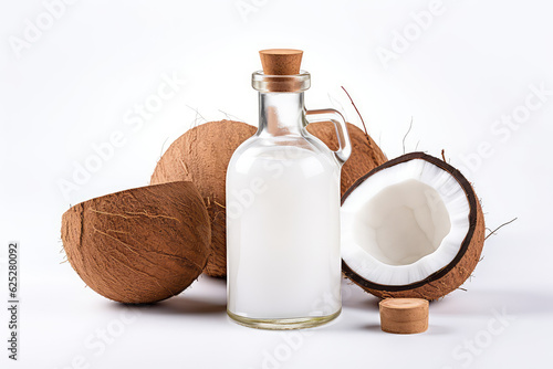 Coconut oil in a vintage glass bottle with cork lid and yummy split coconut halves with white flesh isolated on a white background with copy space. 