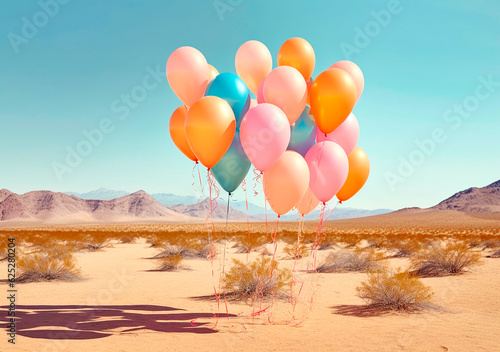 Colorful balloons on desert. Freedom and imagination concept
