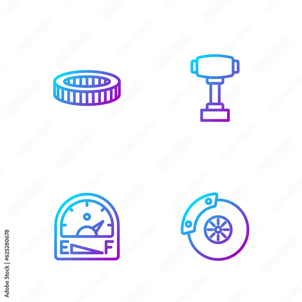 Set line Car brake disk with caliper, Motor gas gauge, air filter and Gear shifter. Gradient color icons. Vector Set line Car brake disk with caliper, Motor gas gauge, air filter and Gear shifter. Gradient color icons. Vector