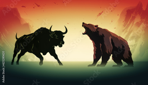Uncertain sentiment on stock or cryptocurrency market - Bearish vs Bullish trend. Bear and Bull silhouettes against abstract background. Generative AI