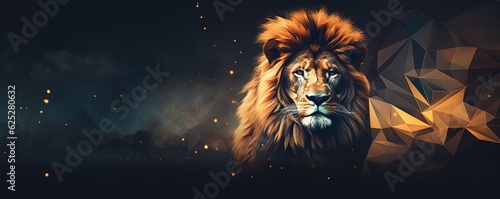 Lion king animal of nature with dark golden background, nature panorama. Generative Ai.