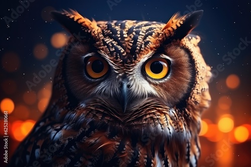 Owl night animal in wild nature with dark sunset background, wallpaper. Generative Ai.