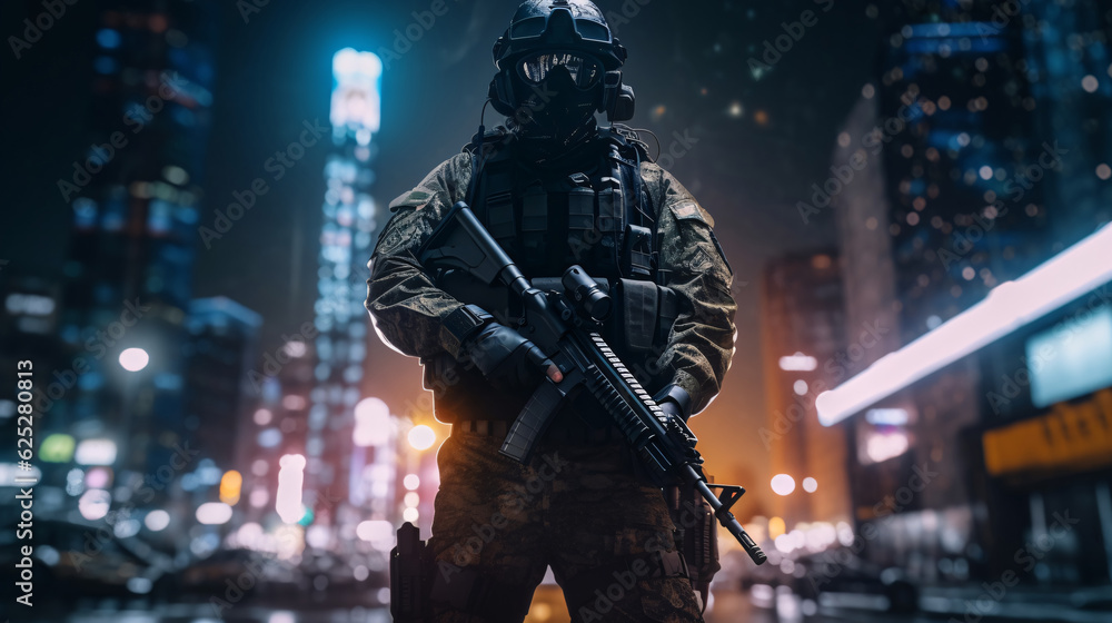 Photo Realistic Image of Soldier in Full Gear in Night City (AI Generated) Photo Realistic Image of Soldier in Full Gear in Night City (AI Generated)