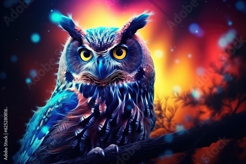 Owl night animal in wild nature with dark sunset background, wallpaper. Generative Ai. © annamaria