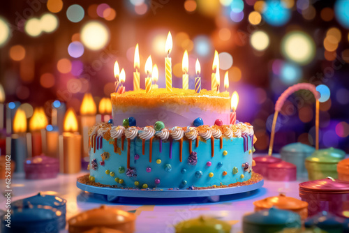 Birthday cake decorated with colorful sprinkles and nine candles. Blue birthday cake with multi color bubble. Generative AI.