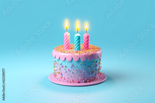 Birthday cake decorated with colorful sprinkles and nine candles. Blue birthday cake with multi color bubble. Generative AI.