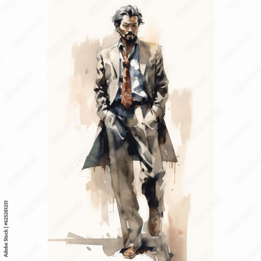 Fototapeta premium A watercolor of an asian man wearing a suit Generative Ai