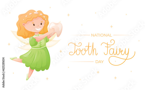 International world holiday Tooth Fairy Day. Childish cartoon vector banner or poster. Cute magical girl princess with wings.