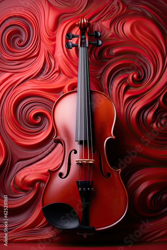 There is a red violin with a black bow surrounded by red swirls. (Generative AI)