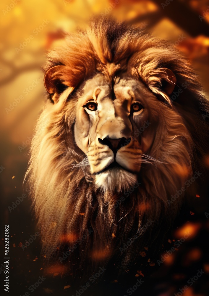 Lion king animal of nature with dark golden background.. Generative Ai. Lion king animal of nature with dark golden background.. Generative Ai.