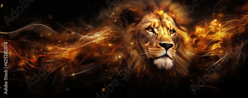 Lion king animal of nature with  dark golden background, nature panorama. Generative Ai. © annamaria