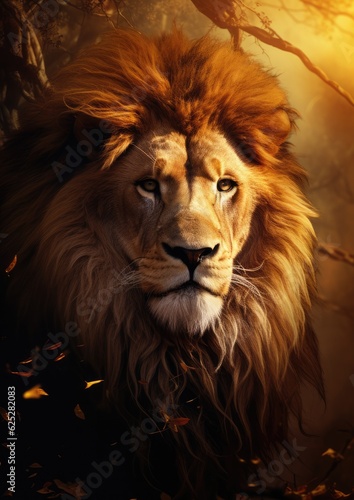 Lion king animal of nature with dark golden background.. Generative Ai.