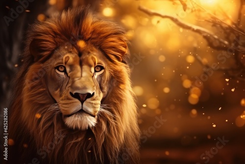 Lion king animal of nature with dark golden background.. Generative Ai.