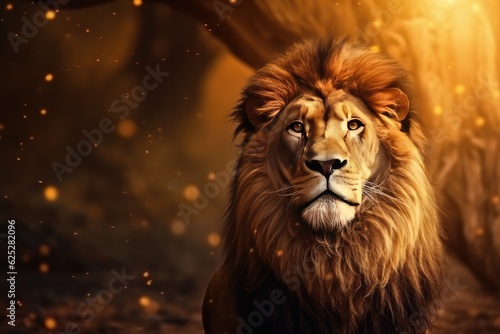 Lion king animal of nature with  dark golden background.. Generative Ai. © annamaria