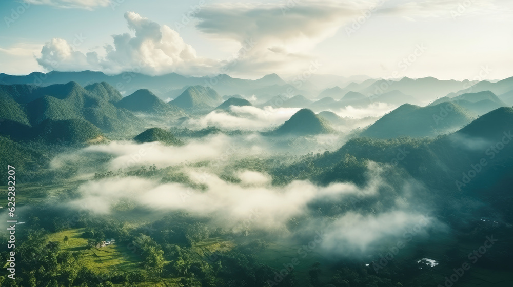Foggy landscape. Fog and cloud mountain tropic valley landscape. aerial view Foggy landscape. Fog and cloud mountain tropic valley landscape. aerial view