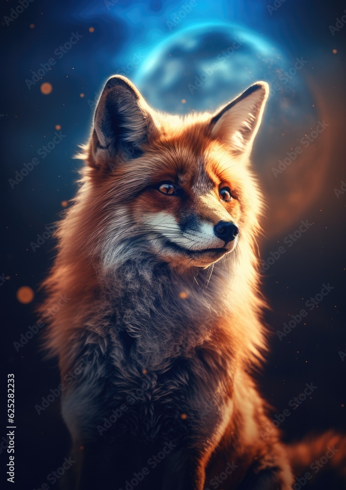 Fox animal with bokeh dark sunset background, night sky with stars and moon. Generative Ai.