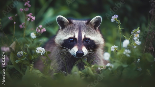 A funny raccoon peeks out of the grass and wildflowers in the forest.Generative AI © Evgeniya Uvarova