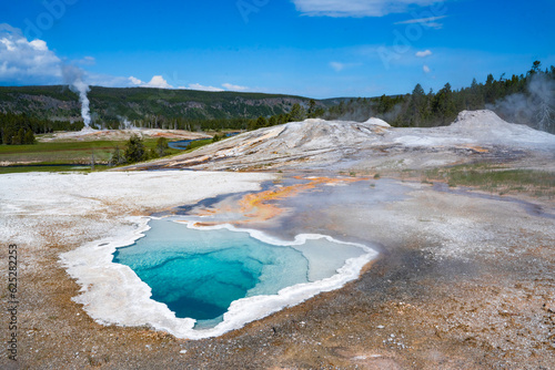 View of geothermal geyser seen from Yellowstone National Park, Wyoming.