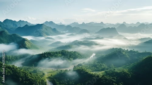 Foggy landscape. Fog and cloud mountain tropic valley landscape. aerial view