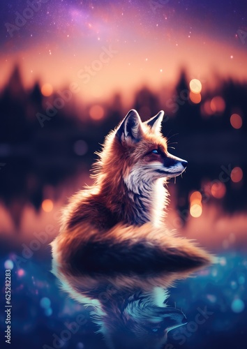Fox animal with bokeh dark sunset background, night colorful nature. Generative Ai.